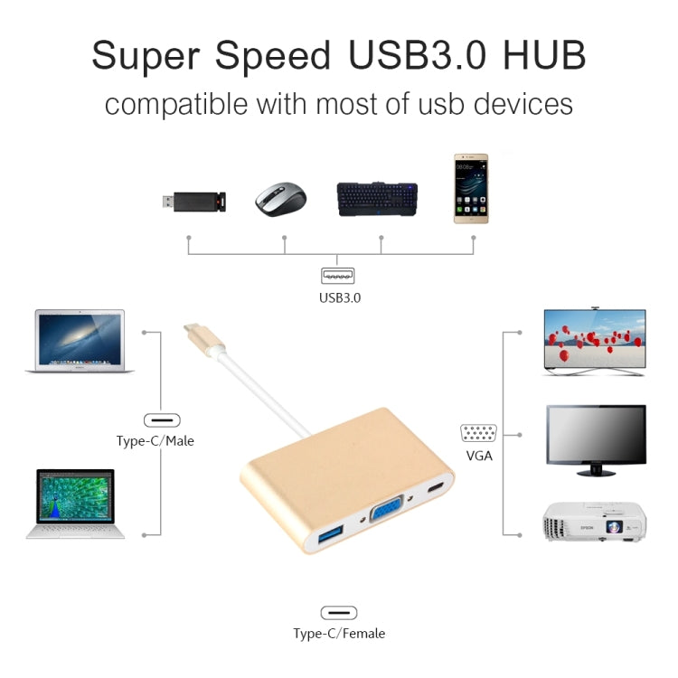 USB Type C to VGA 3-in-1 Hub Adapter supports USB Type C tablets and laptops for Macbook Pro / Google ChromeBook(Gold) - free shipping - PMC Jewellery - Order now!