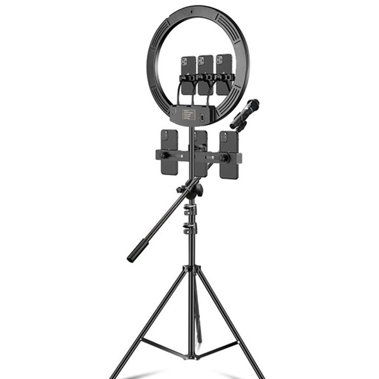 18 inch+6 Phone Clips+Microphone Pole Dimmable Color Temperature LED Ring Fill Light Live Broadcast Set With 2.1m Tripod Mount, CN Plug - Ring Light by PMC Jewellery | Online Shopping South Africa | PMC Jewellery | Buy Now Pay Later Mobicred