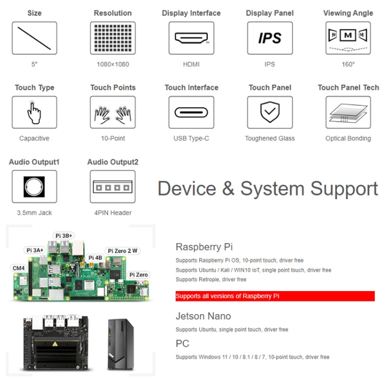 Waveshare 1080x1080 IPS Optically Bonded 5-Inch HDMI Circular 10-Point Touch Screen(24369) - LCD & LED Display Module by WAVESHARE | Online Shopping South Africa | PMC Jewellery | Buy Now Pay Later Mobicred