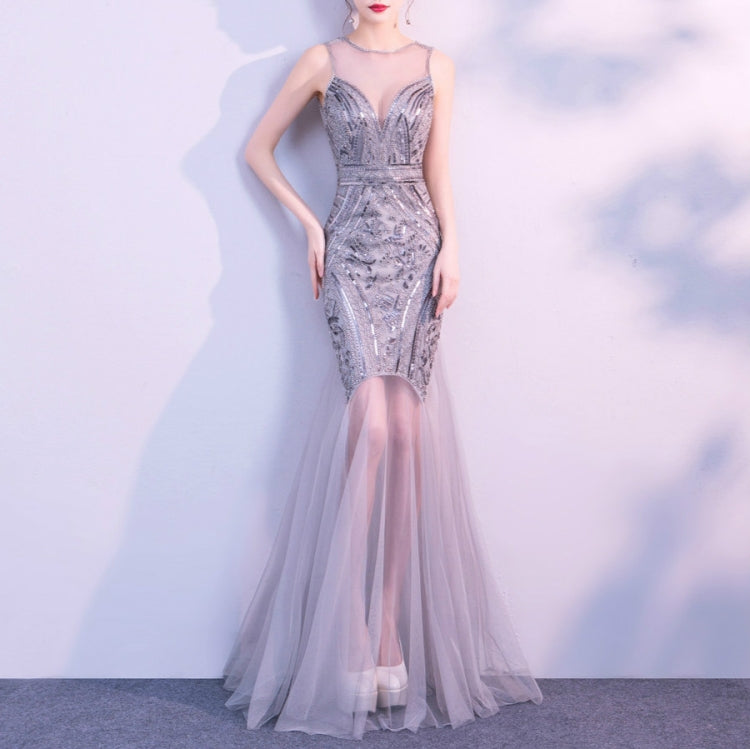 Sequins Beading Evening Dresses Mermaid Long Formal Prom Party Dress, Size:XL(Silver) - Evening Dress by PMC Jewellery | Online Shopping South Africa | PMC Jewellery