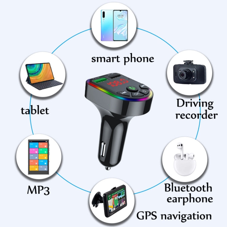F5 Car FM Transmitter Bluetooth Hands-Free MP3 Music Player Colorful Atmosphere Light - Bluetooth Car Kits by PMC TechLife | Online Shopping South Africa | PMC TechLife | Buy Now Pay Later Mobicred