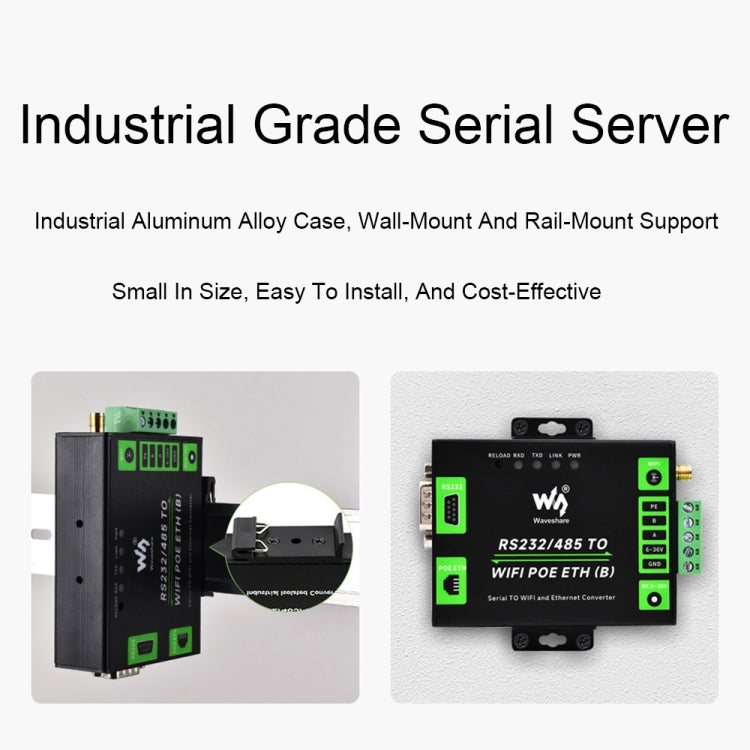 Waveshare Industrial Grade Serial Server RS232/485 to WiFi / Ethernet RJ45 Network Port with POE Support - Other Accessories by Waveshare | Online Shopping South Africa | PMC Jewellery | Buy Now Pay Later Mobicred