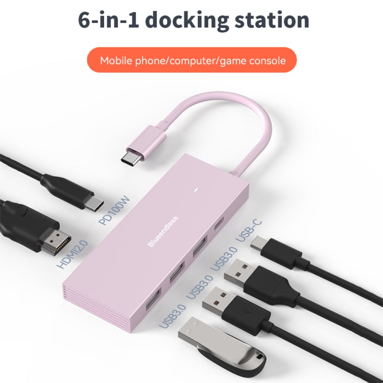 Blueendless 4K60Hz + Data Port Type-C Docking Station USB3.0 Splitter, Spec: 7-in-1 Card Reading Pink - USB HUB by Blueendless | Online Shopping South Africa | PMC Jewellery | Buy Now Pay Later Mobicred