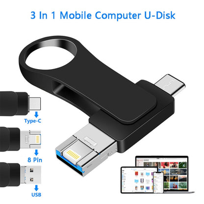 32GB USB 3.0 + 8 Pin + USB-C / Type-C 3 in 1 Mobile Computer Metal U-Disk(Silver) - U Disk & Card Reader by PMC Jewellery | Online Shopping South Africa | PMC Jewellery | Buy Now Pay Later Mobicred