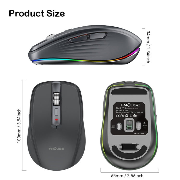 Fmouse M303 2400DPI Bluetooth&2.4G Dual Modes Rechargeable RGB Mouse(Gray) - Wireless Mice by Fmouse | Online Shopping South Africa | PMC Jewellery | Buy Now Pay Later Mobicred