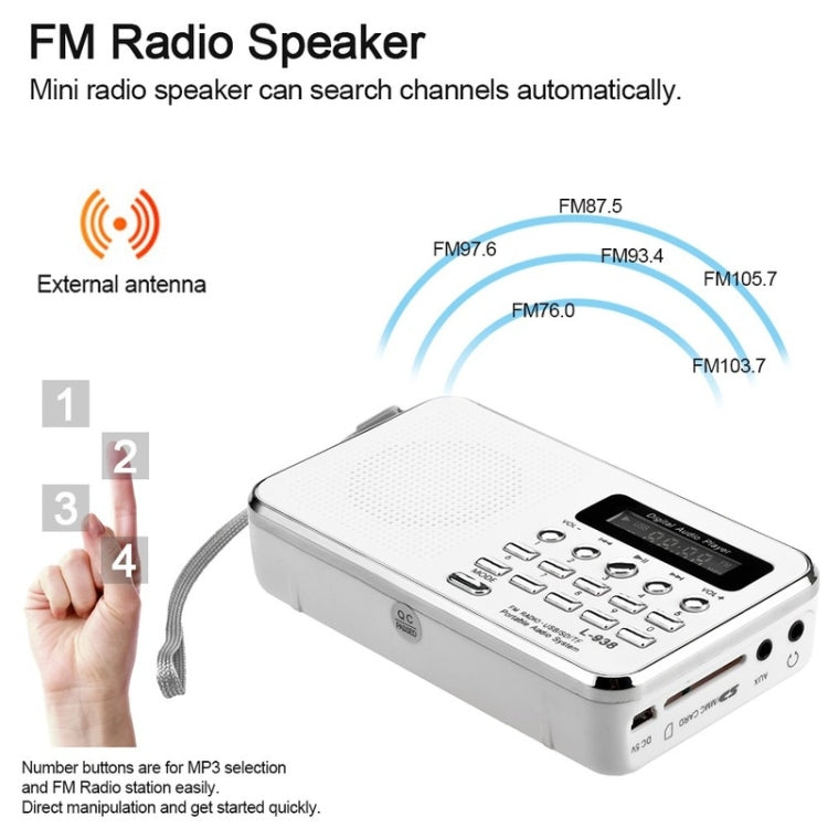 L-938  MP3 Audio Player FM Radio Support  SD MMC Card AUX-IN Earphone-out(White) - Radio Player by PMC TechLife | Online Shopping South Africa | PMC TechLife | Buy Now Pay Later Mobicred