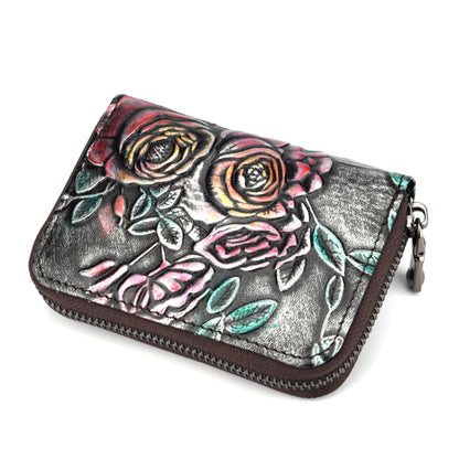 Zip Multi-card Hand-painted Organ Leather Card Holder(Silver) - Card & Passport Bags by PMC Jewellery | Online Shopping South Africa | PMC Jewellery