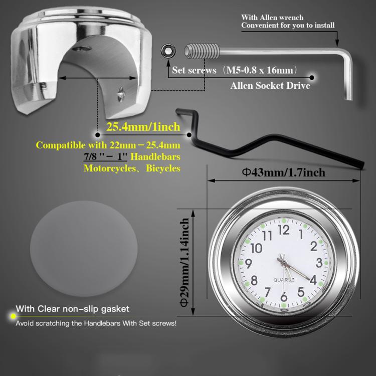 Aluminum Alloy Plating Motorcycle Handlebar Clock(Silver Shell White Background) - free shipping - PMC TechLife - Order now!