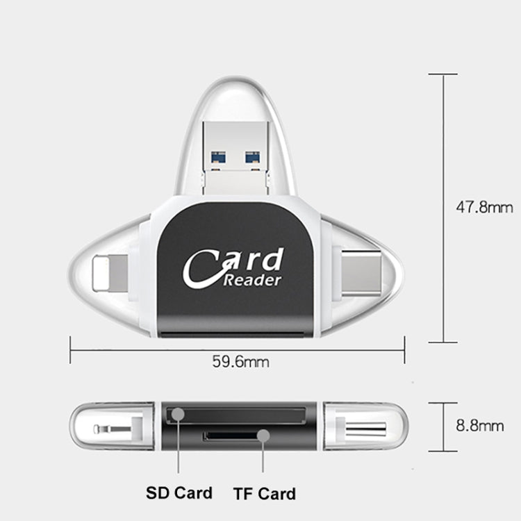 R015 USB2.0 & Micro USB+8Pin+Type-C 4 In 1 Card Reader Supports SD/TF Card(Black) -  by PMC Jewellery | Online Shopping South Africa | PMC Jewellery