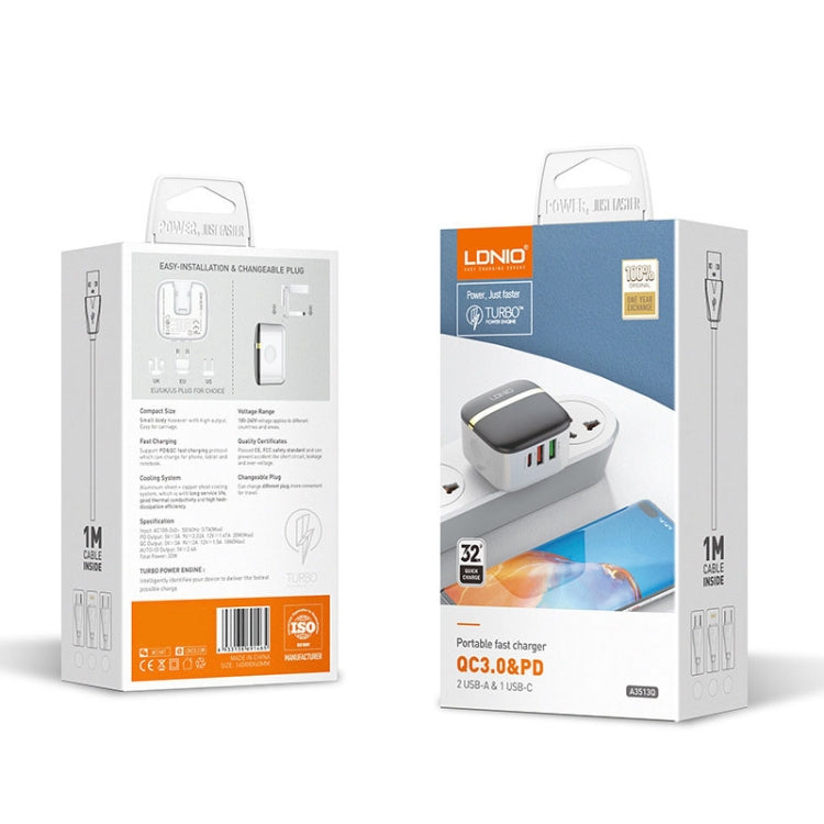 LDNIO A3513Q 32W QC3.0 3 USB Ports Phone Adapter EU Plug with 8 Pin Cable - USB Charger by LDNIO | Online Shopping South Africa | PMC TechLife | Buy Now Pay Later Mobicred