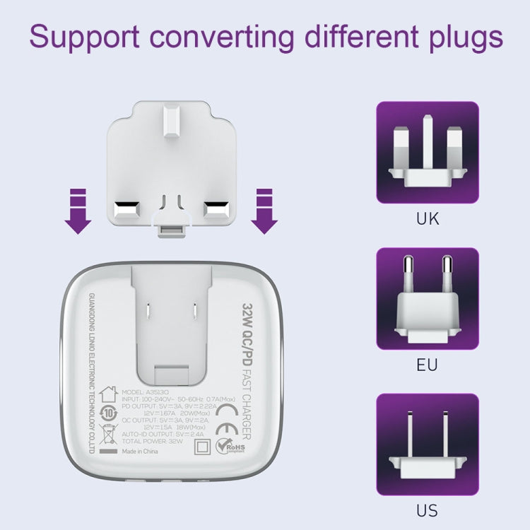 LDNIO A3513Q 32W QC3.0 3 USB Ports Phone Adapter EU Plug with Type C to 8 Pin Cable - USB Charger by LDNIO | Online Shopping South Africa | PMC TechLife | Buy Now Pay Later Mobicred