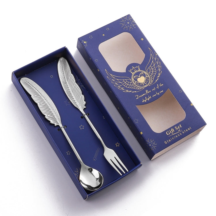 304 Stainless Steel Feather Spoon Fork Literary Tableware,Style: 2 In 1 True Color- Blue Box - free shipping - PMC TechLife - Order now!