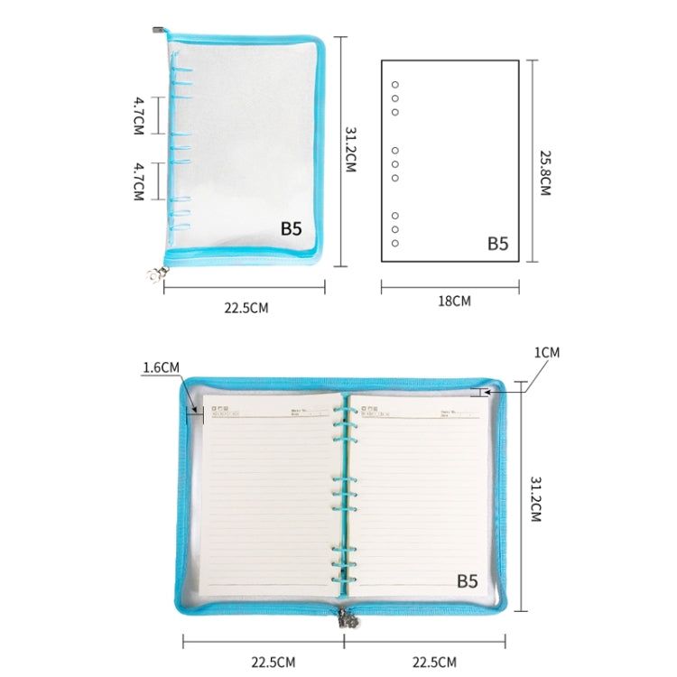 B5 9 Rings Loose-leaf Journal Clear PVC Cover Zipper Planner Notebook Without Inner Pages(Purple) - Notebooks by PMc TechLife | Online Shopping South Africa | PMc TechLife | Buy Now Pay Later Mobicred
