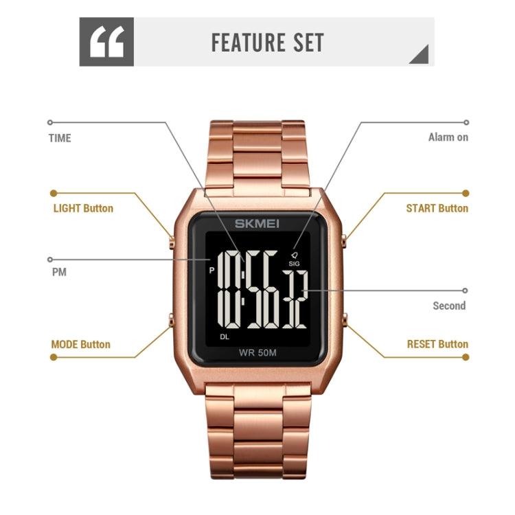 SKMEI 1879 Square Large Screen Men Steel Belt Multi-function EL Luminous Watch, Color: Gold - free shipping - PMC TechLife - Order now!