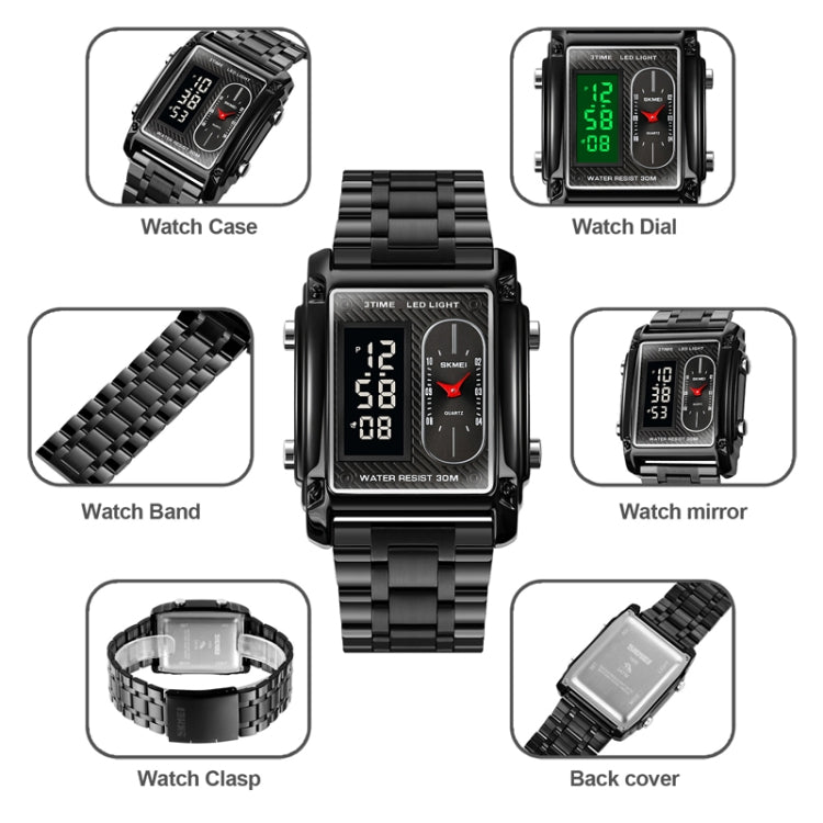 SKMEI 1868 Square Double Display Waterproof Men Watch, Style: Leather Belt (Black) - free shipping - PMC TechLife - Order now!