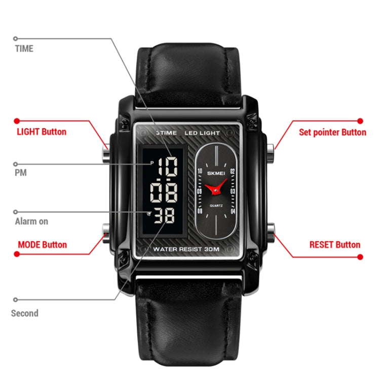 SKMEI 1868 Square Double Display Waterproof Men Watch, Style: Leather Belt (Black) - free shipping - PMC TechLife - Order now!