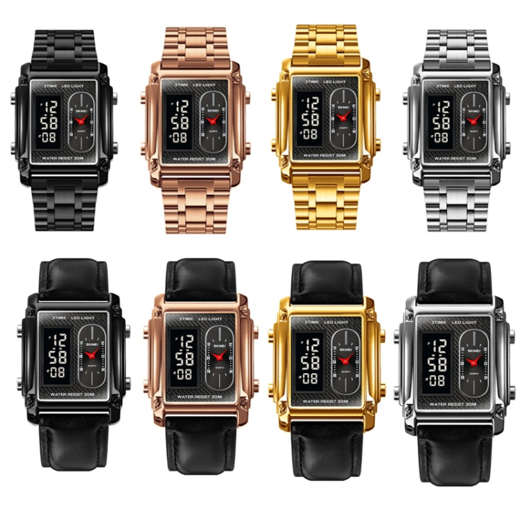 SKMEI 1868 Square Double Display Waterproof Men Watch, Style: Leather Belt (Gold) - free shipping - PMC TechLife - Order now!
