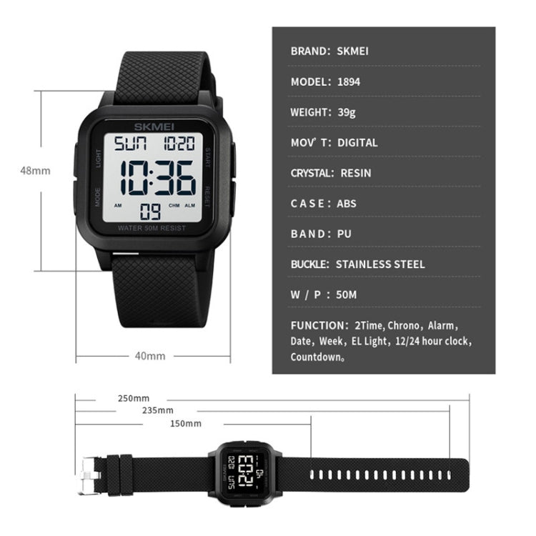 SKMEI 1894 Square Sports Waterproof Student Simple Multifunctional Luminous Watch(Black Black Machine) - free shipping - PMC TechLife - Order now!
