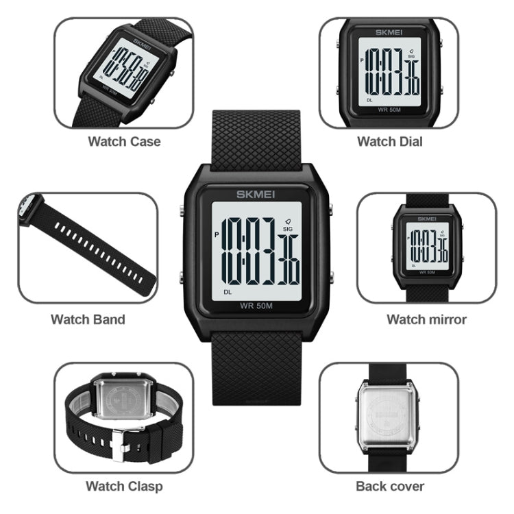 SKMEI 1866 Square Large Screen Men Steel Belt Multi-function Night Light Alarm Clock Watch(Black Black Machine) - free shipping - PMC TechLife - Order now!