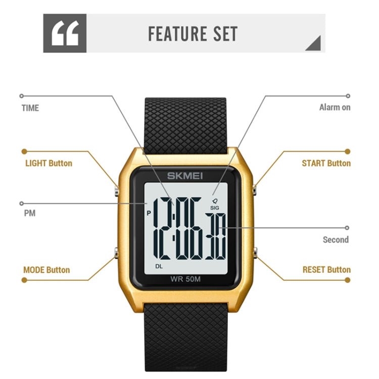 SKMEI 1866 Square Large Screen Men Steel Belt Multi-function Night Light Alarm Clock Watch(Gold Black Machine) - free shipping - PMC TechLife - Order now!