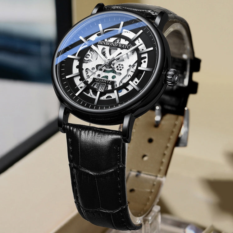 BINBOND B7872 Multifunctional Hollow Luminous Waterproof Quartz Watch, Color: Black Leather-Black-Black - free shipping - PMC TechLife - Order now!