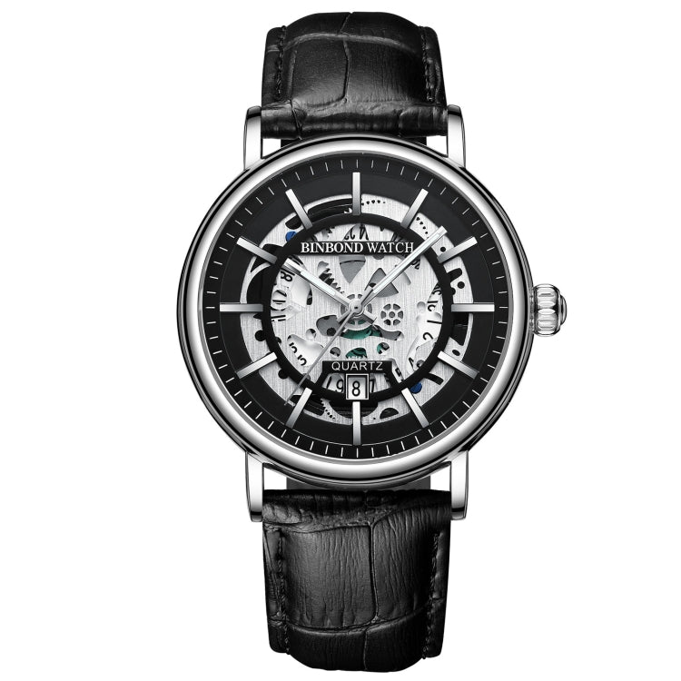 BINBOND B7872 Multifunctional Hollow Luminous Waterproof Quartz Watch, Color: Black Leather-White-Black - free shipping - PMC TechLife - Order now!
