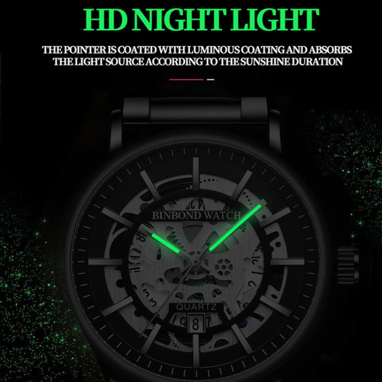 BINBOND B7872 Multifunctional Hollow Luminous Waterproof Quartz Watch, Color: Black Leather-White-Black - free shipping - PMC TechLife - Order now!