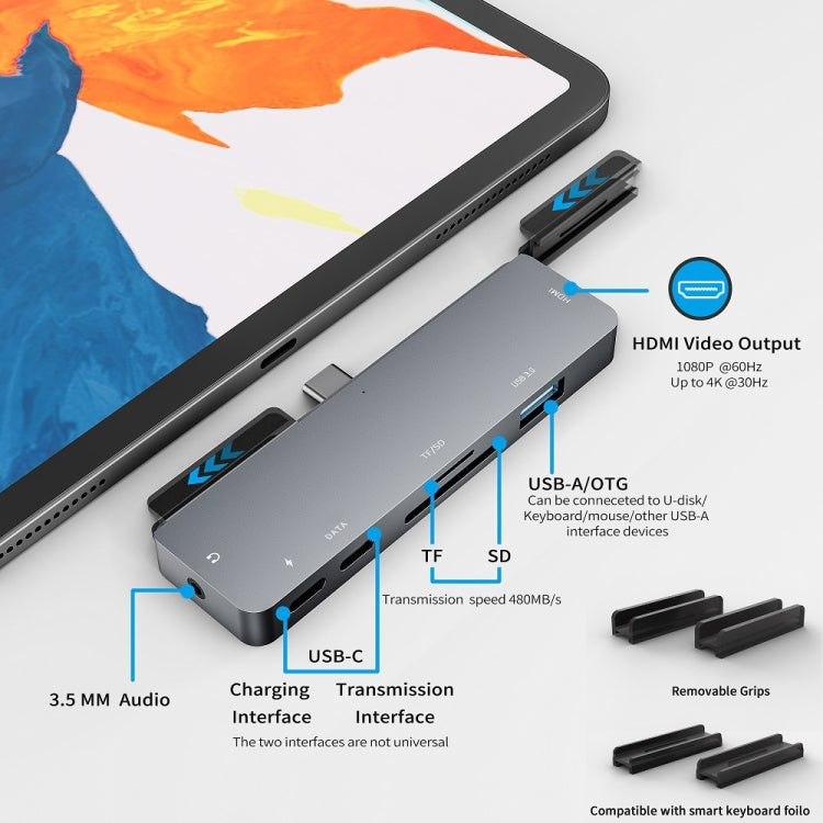 For IPad Pro 7-In-1 HDMI 4K + 3.5mm Audio + SD/TF+ 1 USB 3.0 + USB-C/Type-C + PD USB-C Docking Station - free shipping - PMC Jewellery - Order now!