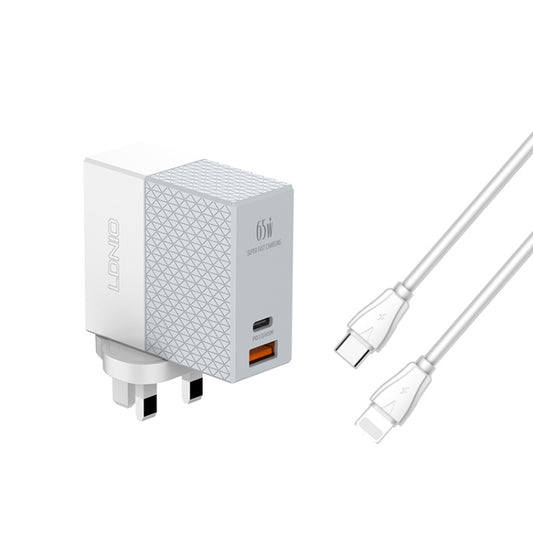 LDNIO A2620C 65W USB+Type-C/USB-C Port Dual Port Universal Phone Tablet Travel Charger(UK Plug+Type-C to 8 Pin) - USB Charger by LDNIO | Online Shopping South Africa | PMC Jewellery | Buy Now Pay Later Mobicred