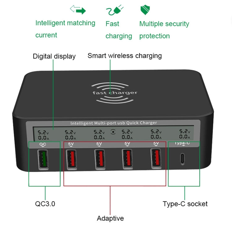 818F 5 USB Ports + Type-C Multifunctional Multi-Port Wireless Charger, Style: US Plug (Black) - Multifunction Charger by PMC TechLife | Online Shopping South Africa | PMC TechLife | Buy Now Pay Later Mobicred