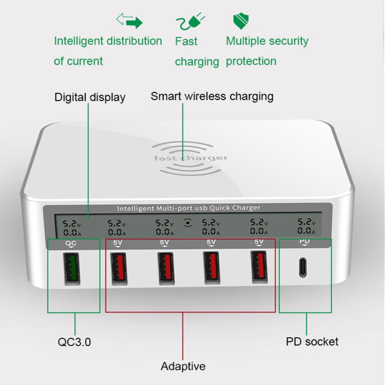 818PF 5 USB Ports + Type-C Smart Digital Display Wireless Phone Charger, Style: US Plug (Black) - Multifunction Charger by PMC TechLife | Online Shopping South Africa | PMC TechLife | Buy Now Pay Later Mobicred