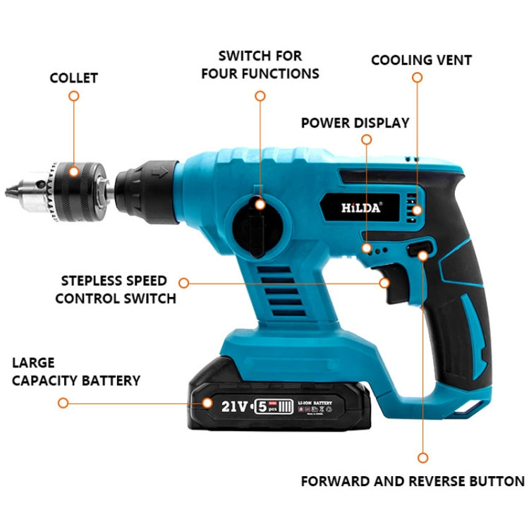 HILDA 12pcs /Set Li-Ion Power Hammer Electrical Impact Drill, Model: 2 Battery+1 Charger EU Plug - free shipping - PMC TechLife - Order now!
