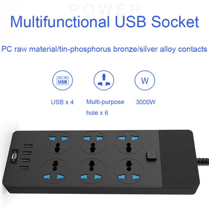 TB-T12 3000W 2m 4-USB Ports + 6-Jacks Multifunctional Flame-Retardant Socket With Switch(US Plug) - Extension Socket by PMC Jewellery | Online Shopping South Africa | PMC Jewellery | Buy Now Pay Later Mobicred