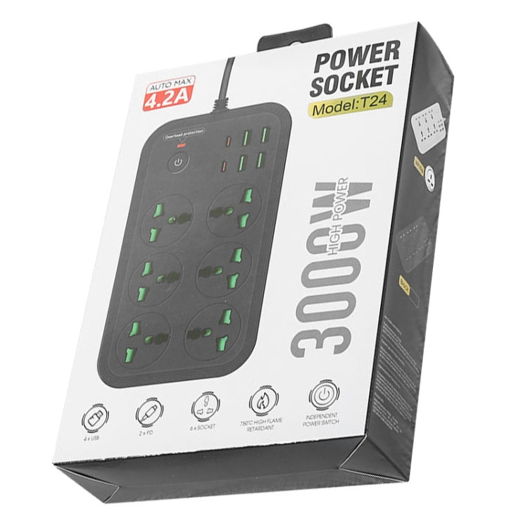 T24 2m 3000W 6 Plugs + PD + 4-USB Ports Multifunctional Flame-Retardant Socket With Switch(UK Plug) - free shipping - PMC TechLife - Order now!