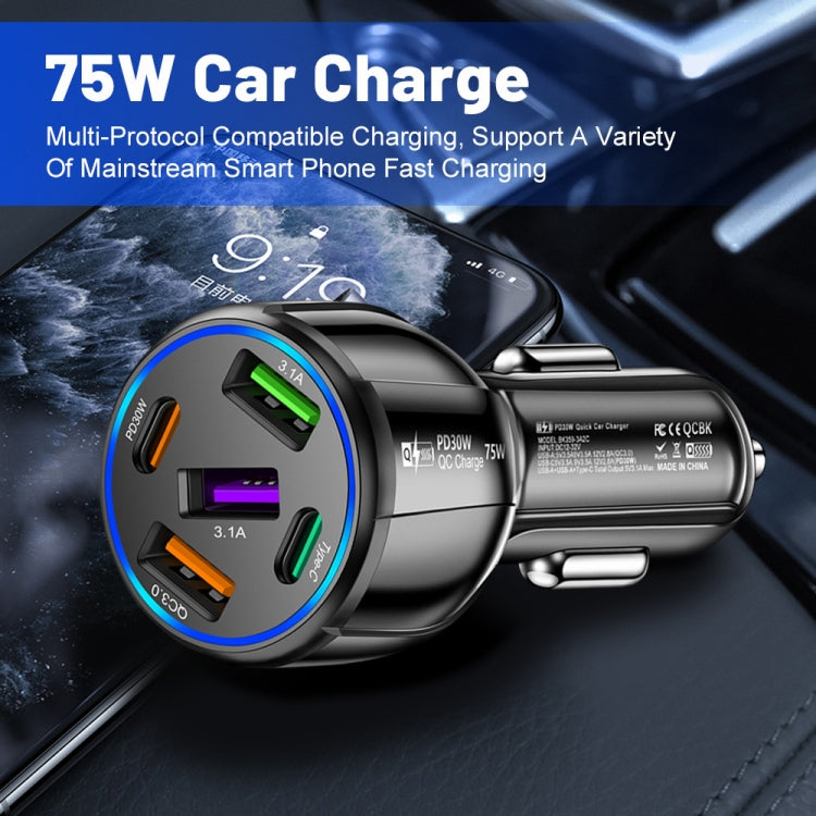 3USB+2PD 75W Dual Line Car Mobile Phone Fast Charging Charger(Black) - Car Charger by PMC Jewellery | Online Shopping South Africa | PMC Jewellery | Buy Now Pay Later Mobicred