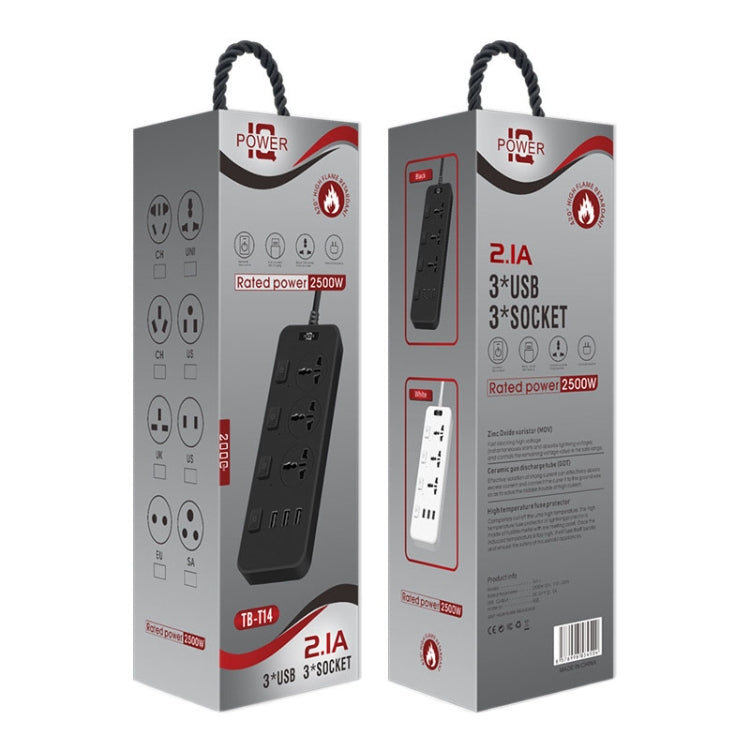 T14 2m 2500W 3 Plugs + 3-USB Ports Multifunctional Socket With Switch, Specification: US Plug (Black) - Extension Socket by PMC TechLife | Online Shopping South Africa | PMC TechLife | Buy Now Pay Later Mobicred