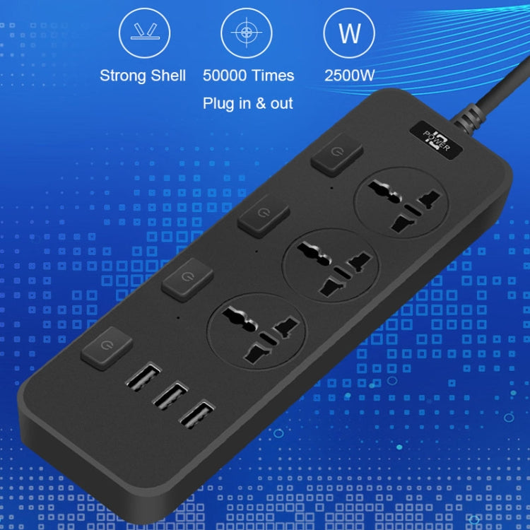 T14 2m 2500W 3 Plugs + 3-USB Ports Multifunctional Socket With Switch, Specification: EU Plug (Black) - Extension Socket by PMC TechLife | Online Shopping South Africa | PMC TechLife | Buy Now Pay Later Mobicred