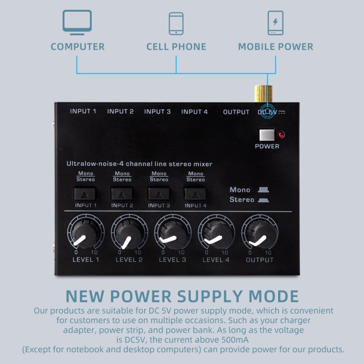 Ultra-compact 4 Channel Stereo Sound Low-noise Mixer For Recording Live Broadcasting, US Plug(MAX400) - Live Sound Effects Processors by PMC TechLife | Online Shopping South Africa | PMC TechLife | Buy Now Pay Later Mobicred