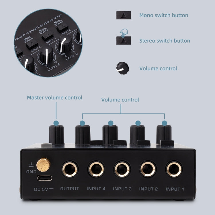 Ultra-compact 4 Channel Stereo Sound Low-noise Mixer For Recording Live Broadcasting, US Plug(MAX400) - Live Sound Effects Processors by PMC TechLife | Online Shopping South Africa | PMC TechLife | Buy Now Pay Later Mobicred