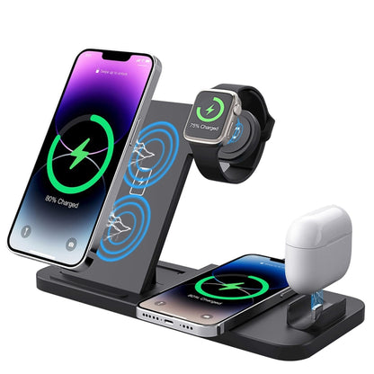 4-in-1 Foldable Desktop Mobile Phone Watch Earphones Wireless Charger(Black) - Wireless Charger by PMC Jewellery | Online Shopping South Africa | PMC Jewellery | Buy Now Pay Later Mobicred