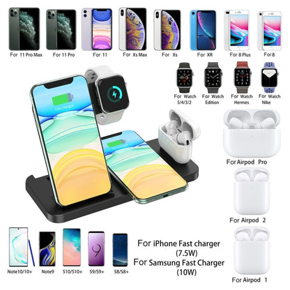 4-in-1 Foldable Desktop Mobile Phone Watch Earphones Wireless Charger(Black) - Wireless Charger by PMC Jewellery | Online Shopping South Africa | PMC Jewellery | Buy Now Pay Later Mobicred