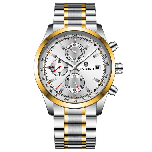 BINBOND B6022 30m Waterproof Luminous Multifunctional Quartz Watch, Color: Inter-Gold-White - Metal Strap Watches by BINBOND | Online Shopping South Africa | PMC Jewellery