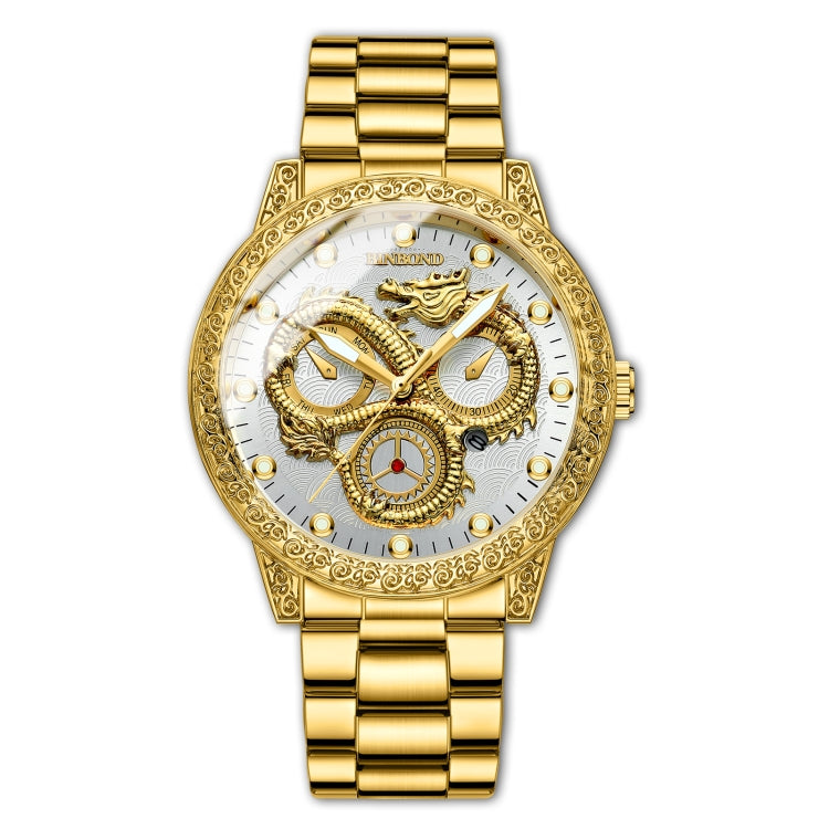 BINBOND B3030 Embossed Dragon Luminous Waterproof Quartz Watch, Color: Full-gold White - Metal Strap Watches by BINBOND | Online Shopping South Africa | PMC Jewellery