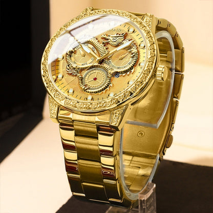 BINBOND B3030 Embossed Dragon Luminous Waterproof Quartz Watch, Color: Full-gold White - Metal Strap Watches by BINBOND | Online Shopping South Africa | PMC Jewellery