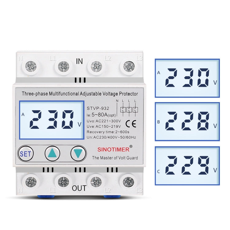 SINOTIMER STVP-932 80A 3-phase 380V LCD Self-resetting Adjustable Surge Voltage Protector - free shipping - PMC TechLife - Order now!