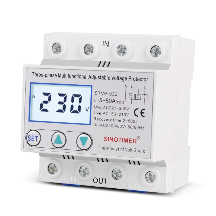 SINOTIMER STVP-932 80A 3-phase 380V LCD Self-resetting Adjustable Surge Voltage Protector - free shipping - PMC TechLife - Order now!