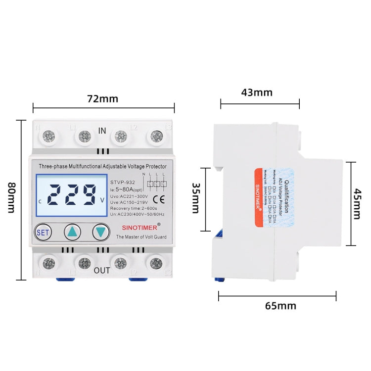 SINOTIMER STVP-932 63A 3-phase 380V LCD Self-resetting Adjustable Surge Voltage Protector - Other Tester Tool by SINOTIMER | Online Shopping South Africa | PMC Jewellery | Buy Now Pay Later Mobicred