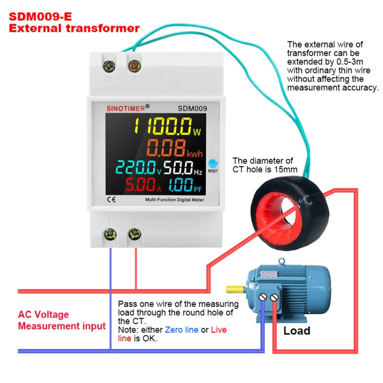 SINOTIMER SDM009 Din Rail Single-Phase Voltage Current Frequency Power Factor Electricity Multifunctional Meter, Model: AC250-450V External - free shipping - PMC TechLife - Order now!