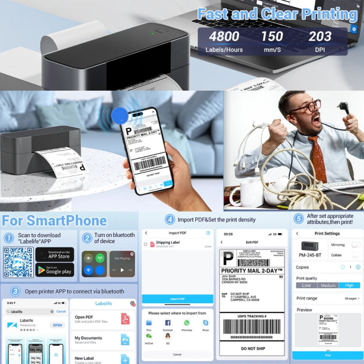 Phomemo PM245-BT Bluetooth Shipping Label Printer Support Labels Width  1- 4.6 Inch(US Plug) - Receipt Printers by Phomemo | Online Shopping South Africa | PMC TechLife | Buy Now Pay Later Mobicred