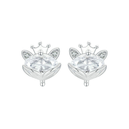 S925 Sterling Silver Platinum Plated Crown Fox Princess Earrings(SCE1708) - Stud Earrings & Earrings by PMC Jewellery | Online Shopping South Africa | PMC Jewellery | Buy Now Pay Later Mobicred